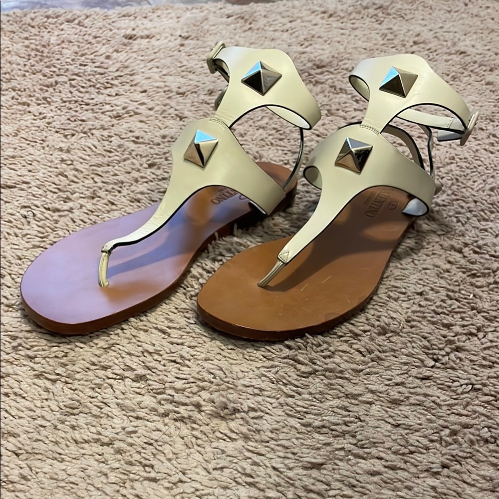 Valentino Cream and Brown Sandals with T-Strap Design